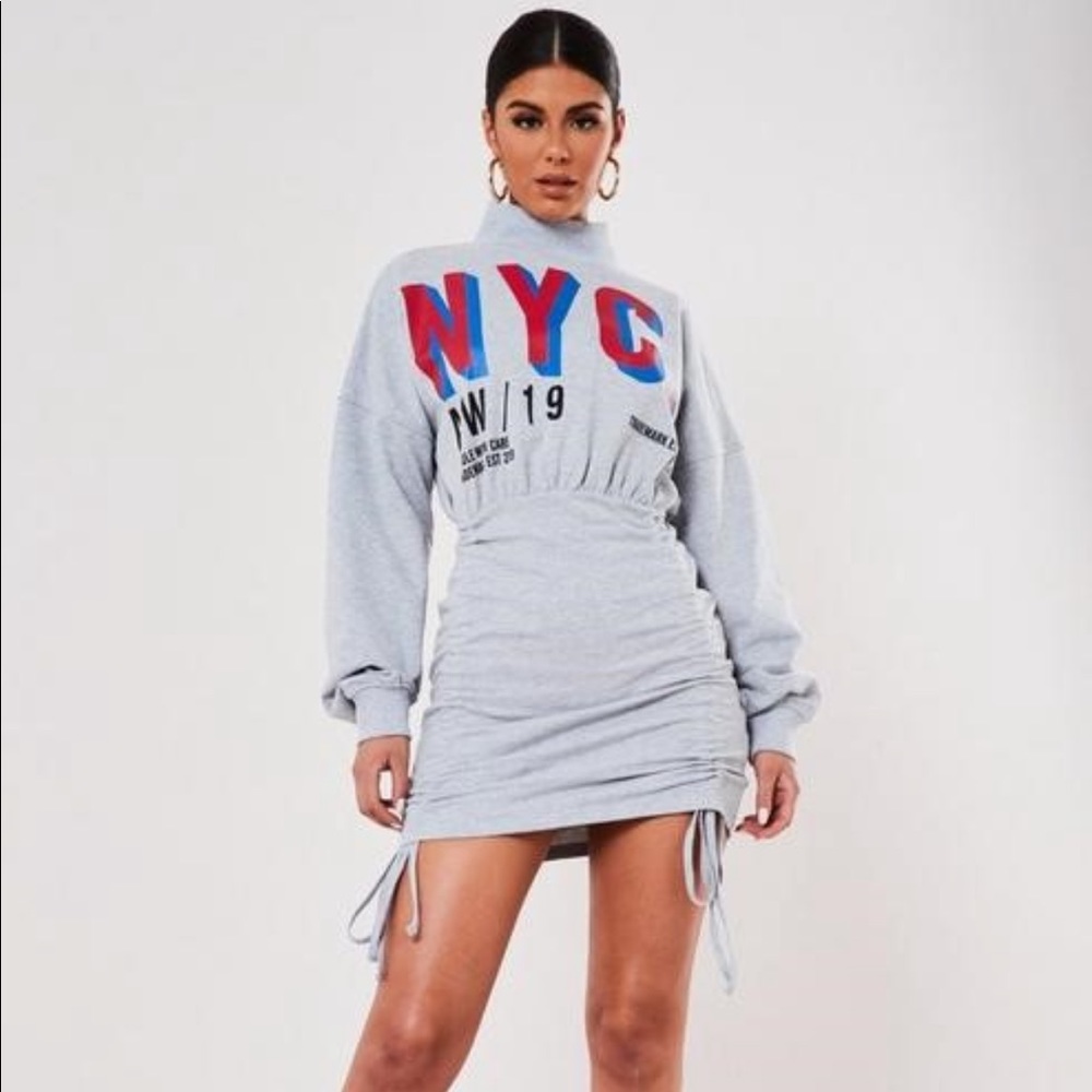Grey NYC Slogan High Neck Ruched Sweater Dress